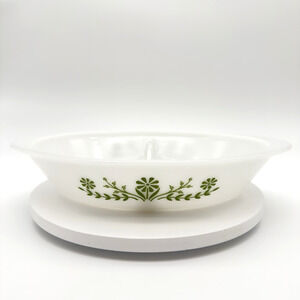 Glasbake Divided Casserole Serving Dish Green Daisy Milk Glass Vintage 1 qt